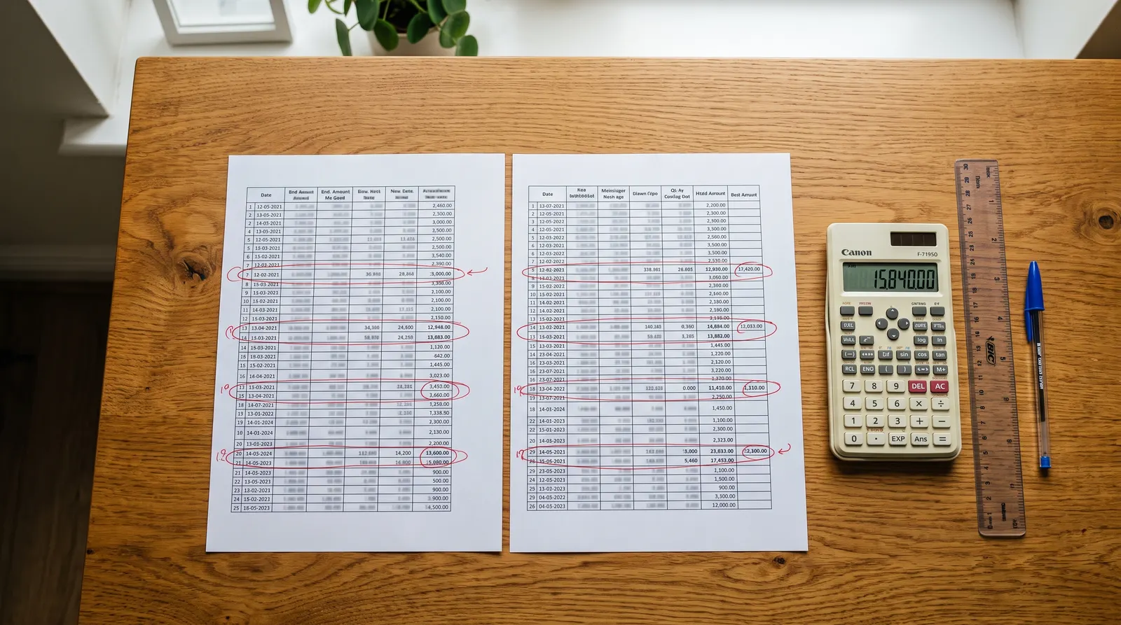 Cost tables and a calculator laid out during a pricing review