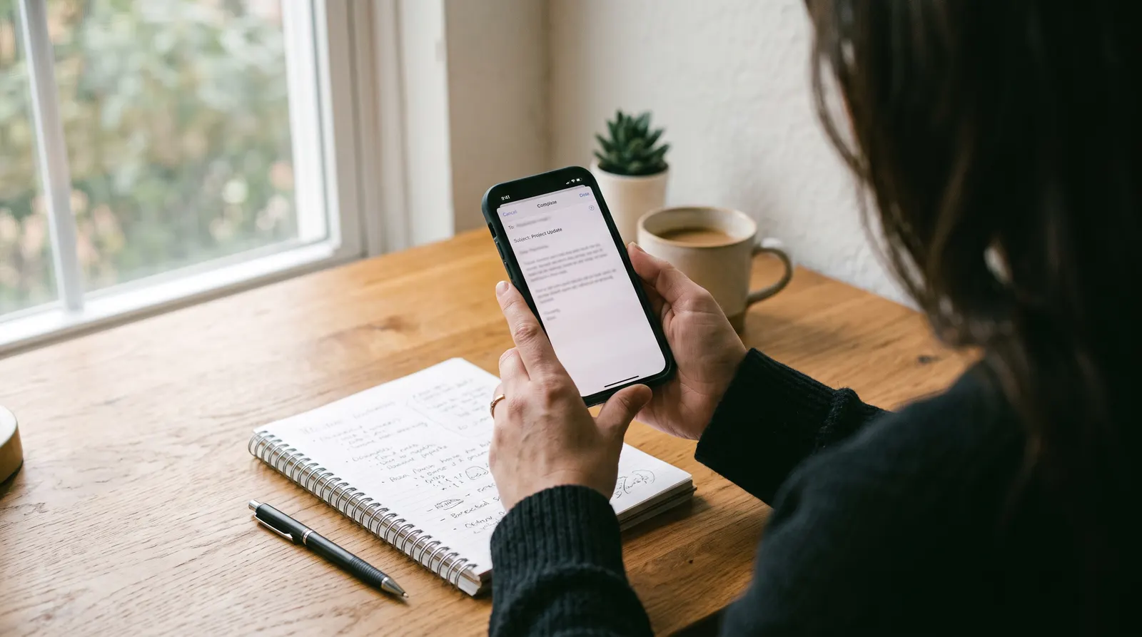 Phone showing an email compose screen beside a notepad on a desk