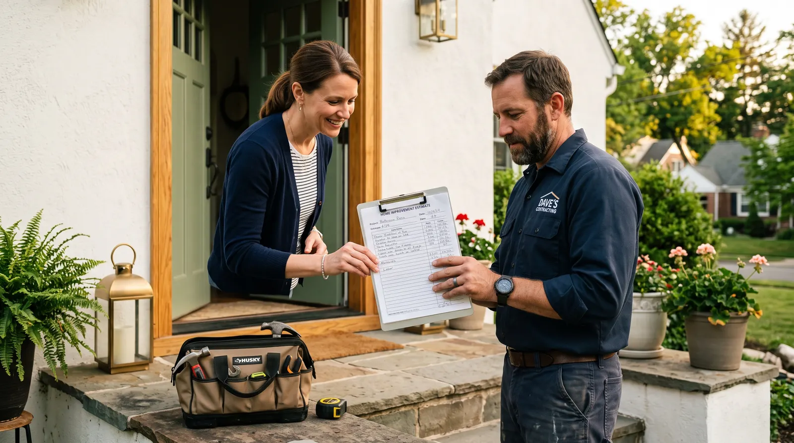 Homeowner and contractor reviewing a written estimate at a doorway