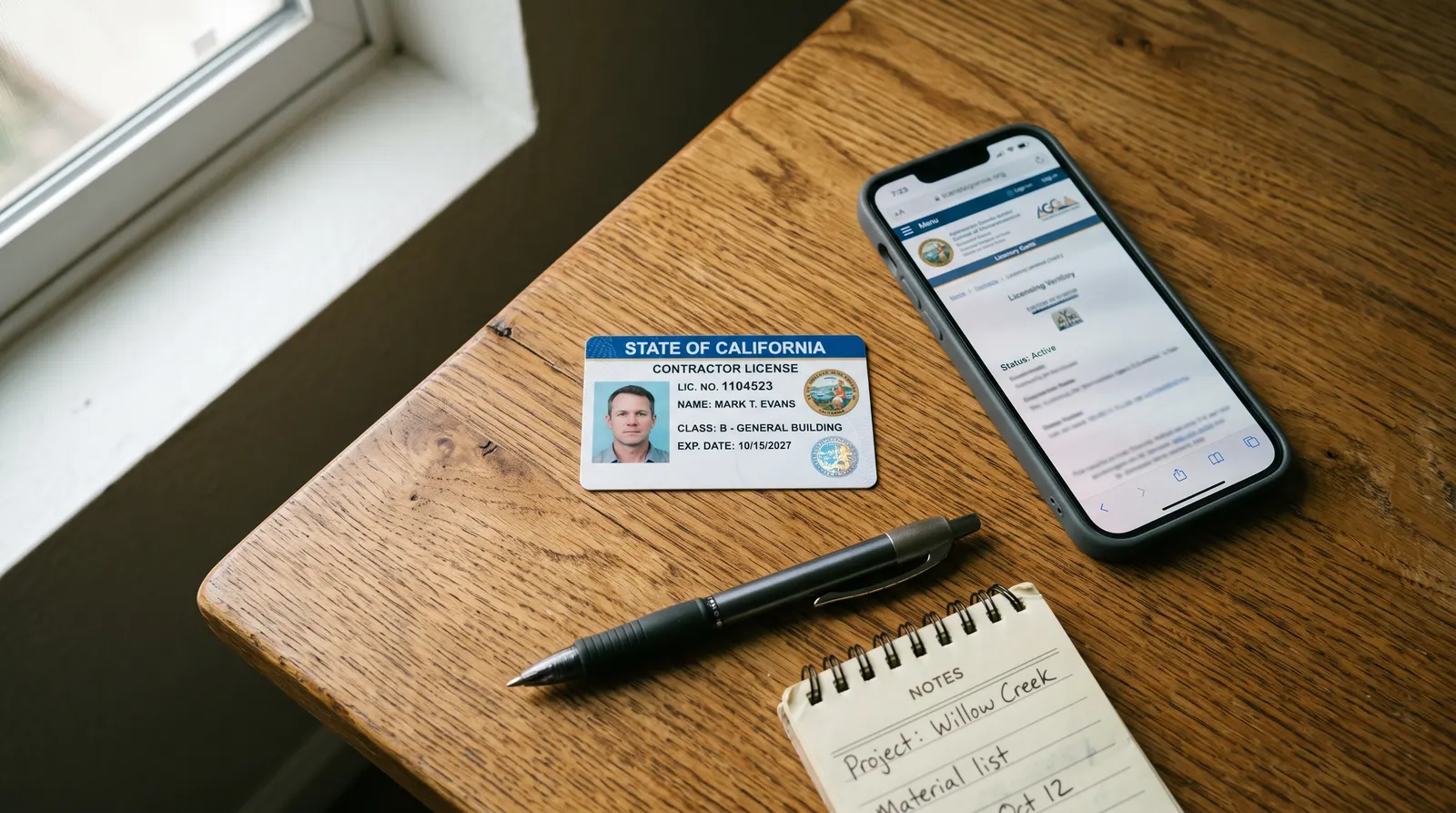 Contractor licence card and phone showing a state licensing lookup