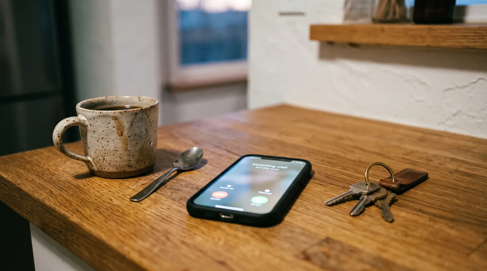 Phone ringing on a kitchen counter with an unknown local number