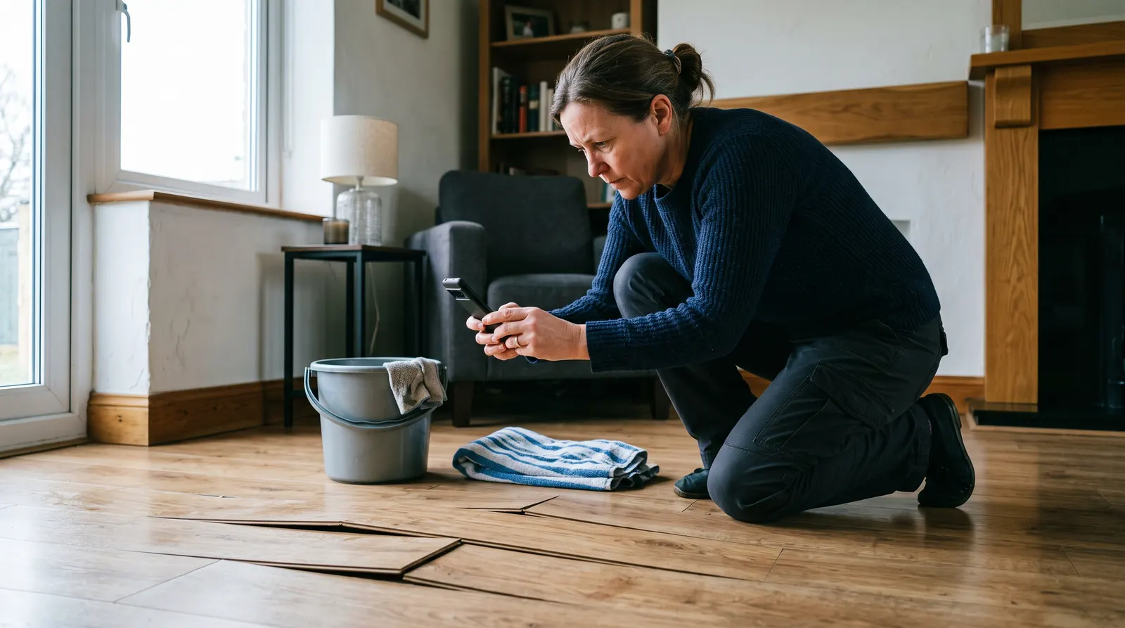 Homeowner photographing water damage on a floor with a phone
