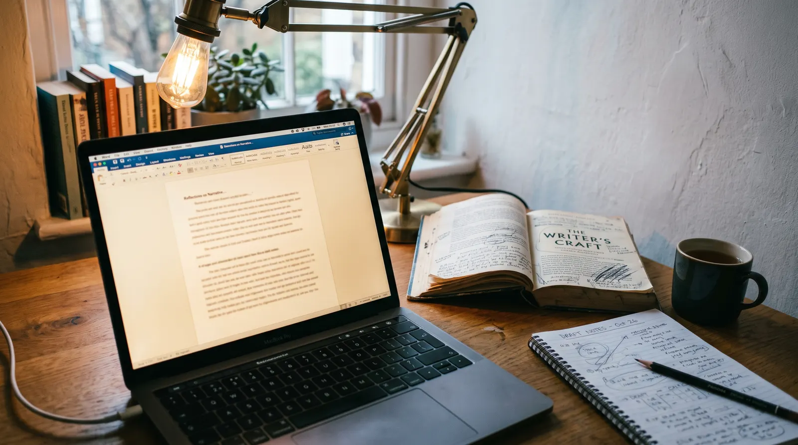 Laptop showing a draft article beside a trade reference book and notes