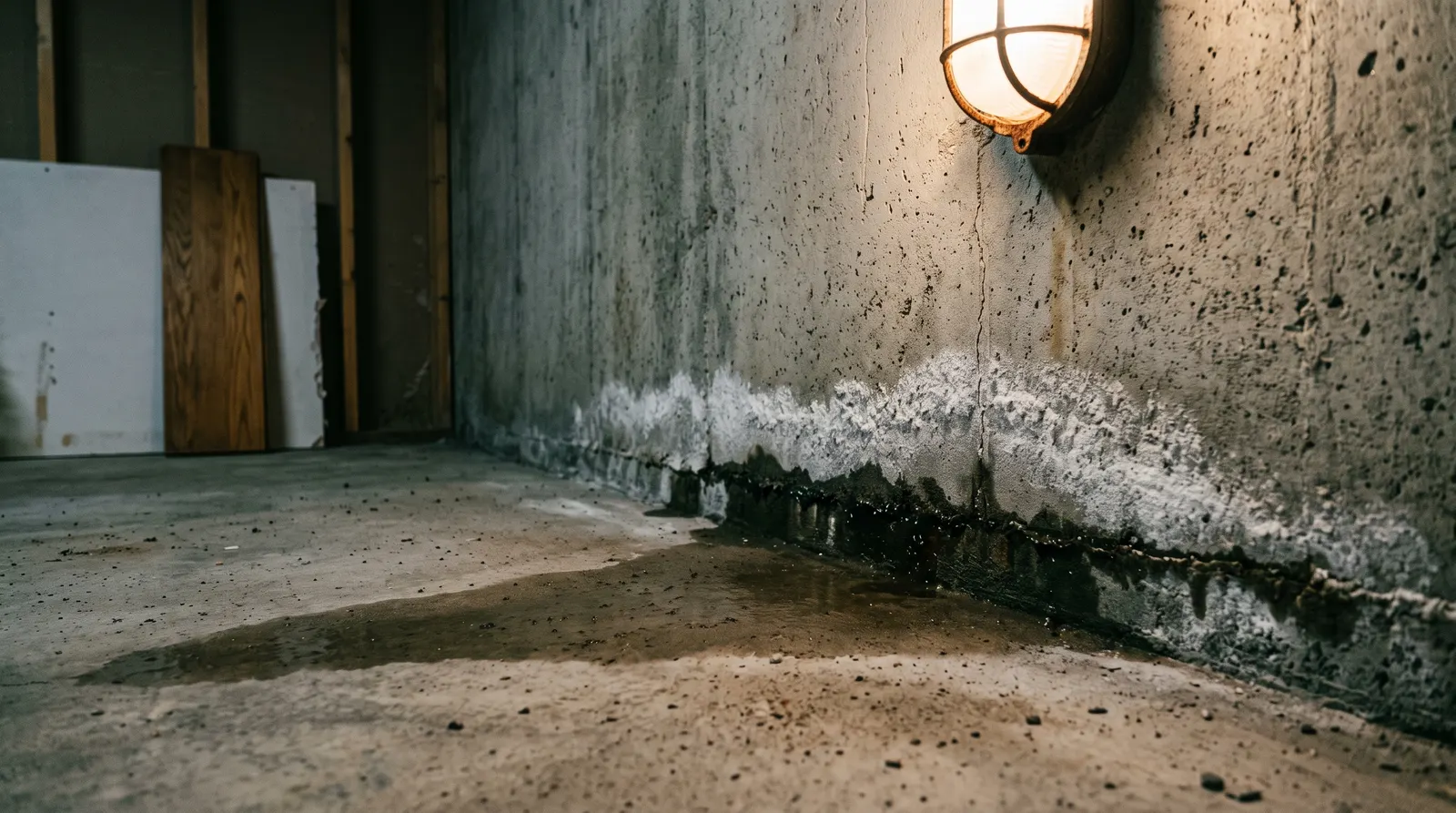 Water seeping through a cold joint where a basement wall meets the floor slab