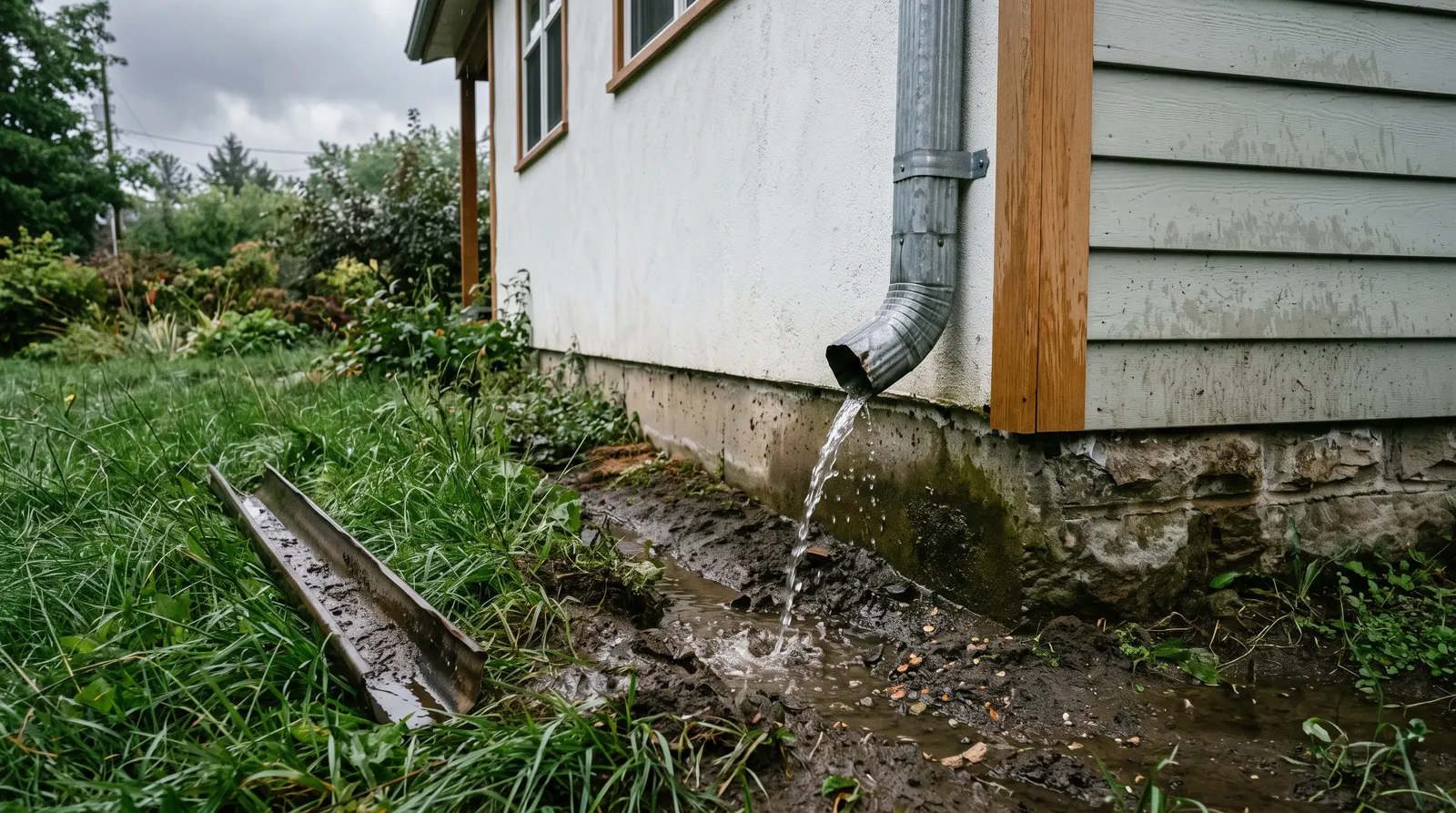 Downspout discharging against a foundation wall with a saturated soil trench beneath