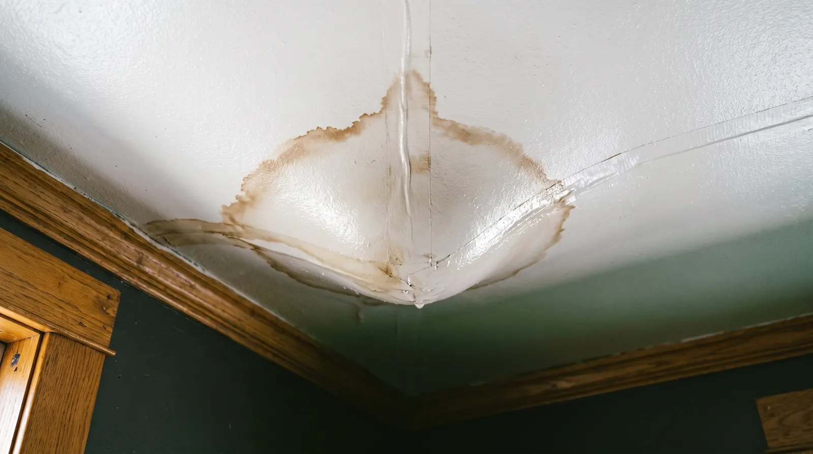 Sagging painted ceiling bulging with trapped water around a stained seam