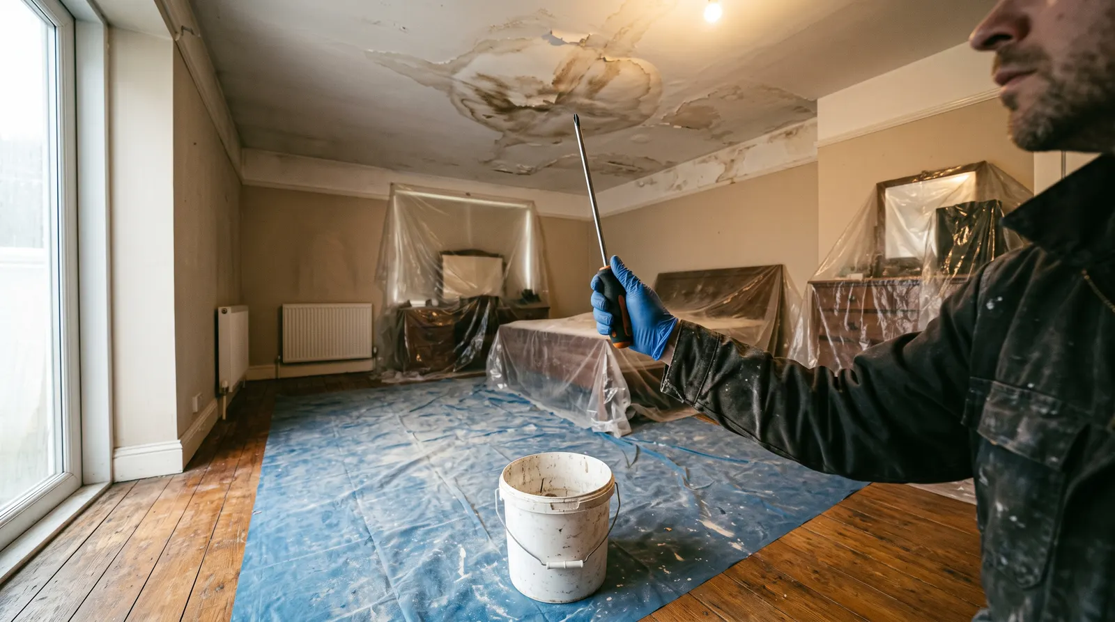 Bucket positioned beneath a ceiling bulge with a screwdriver ready to pierce it