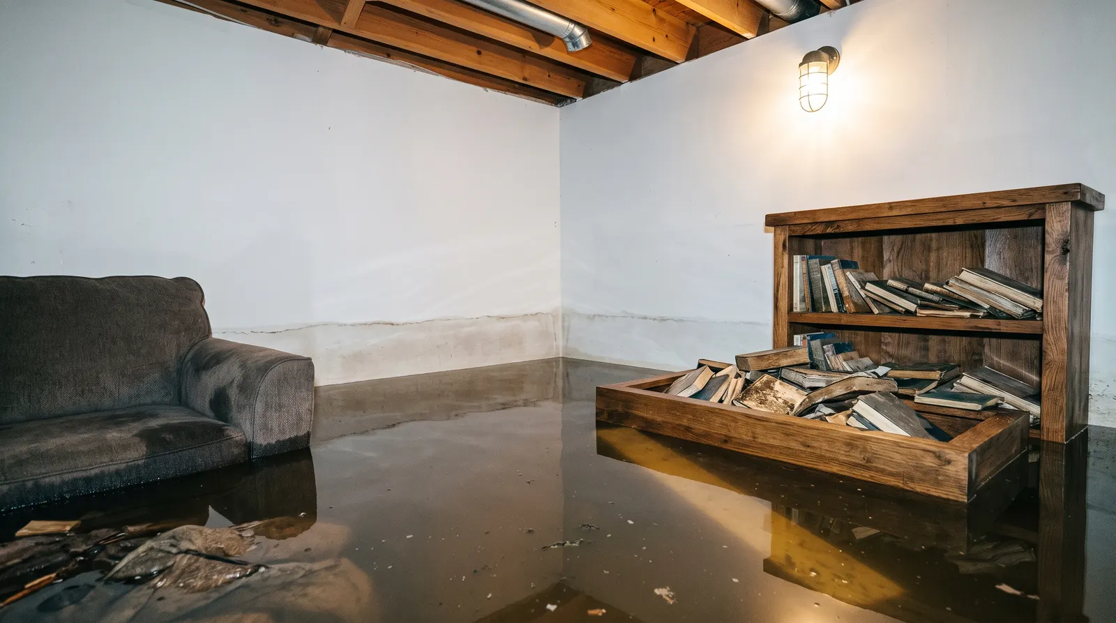 Submerged basement contents with a clear waterline on painted drywall
