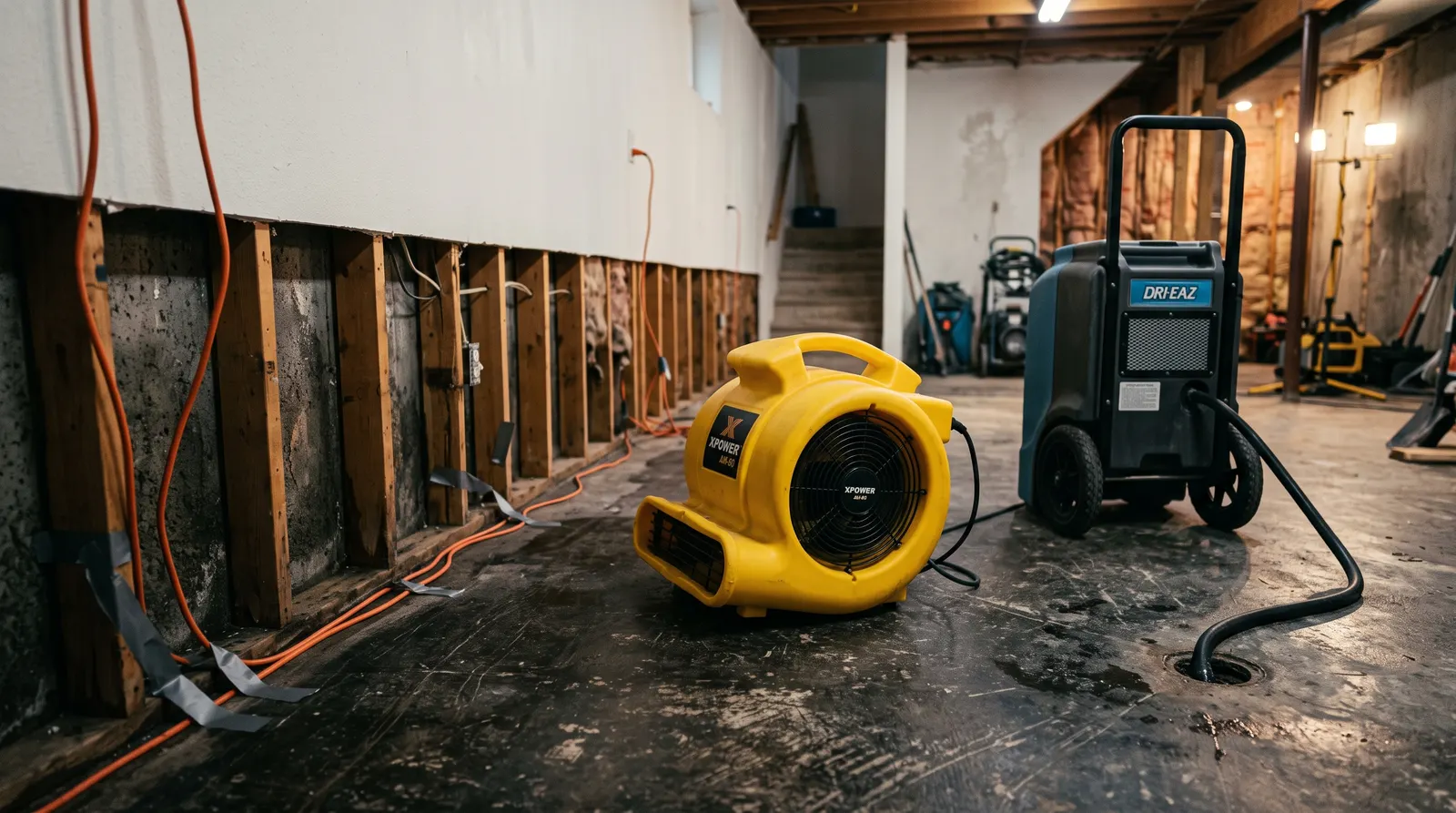 Commercial air mover and dehumidifier running on a stripped basement floor