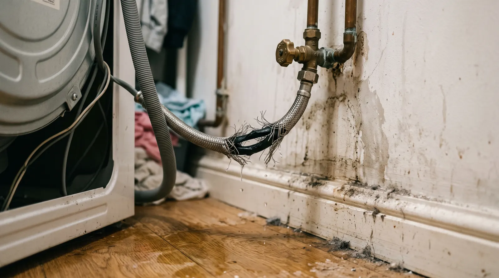 Failed braided supply hose to a washing machine with the burst sleeve frayed open