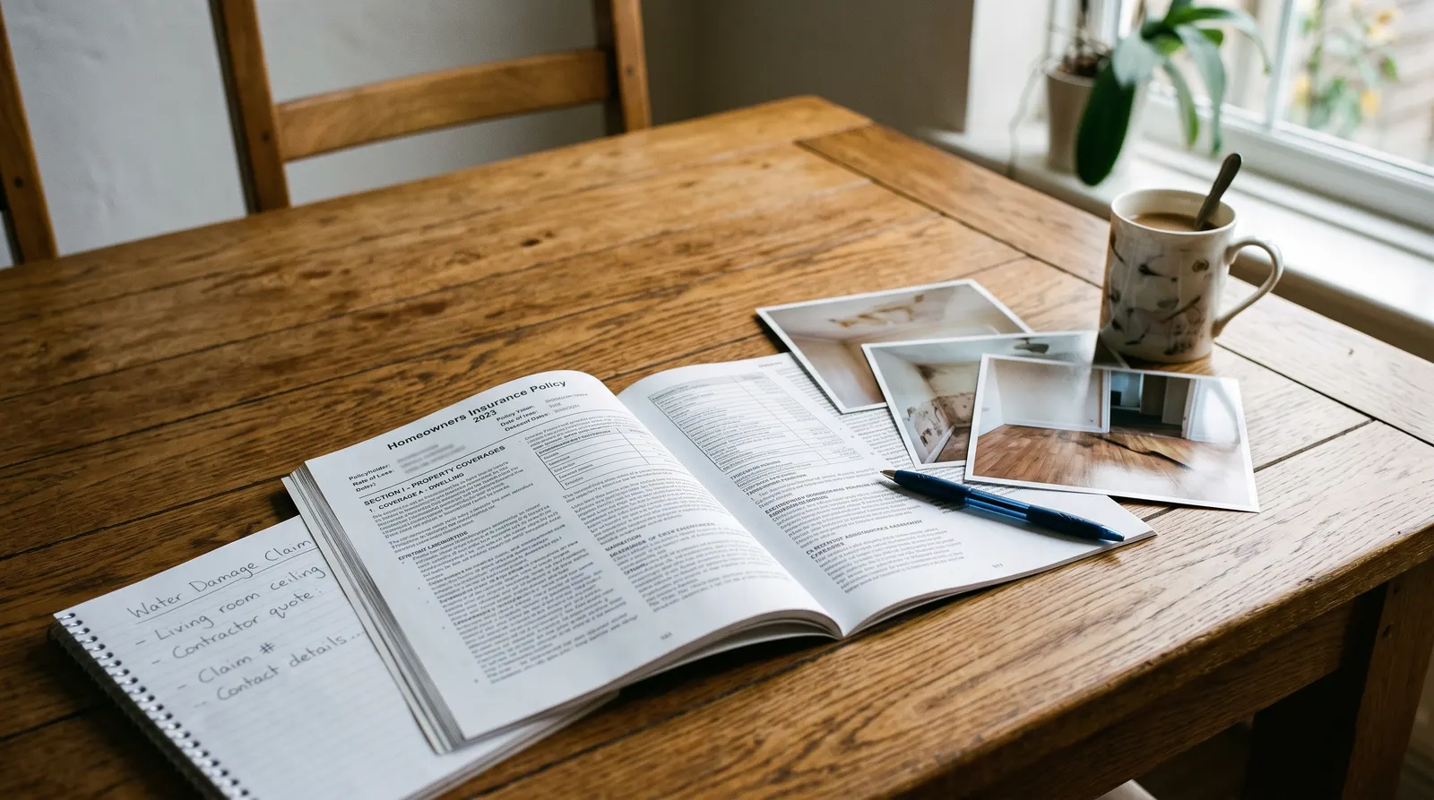 Homeowner reviewing an insurance policy schedule at a kitchen table with photos printed