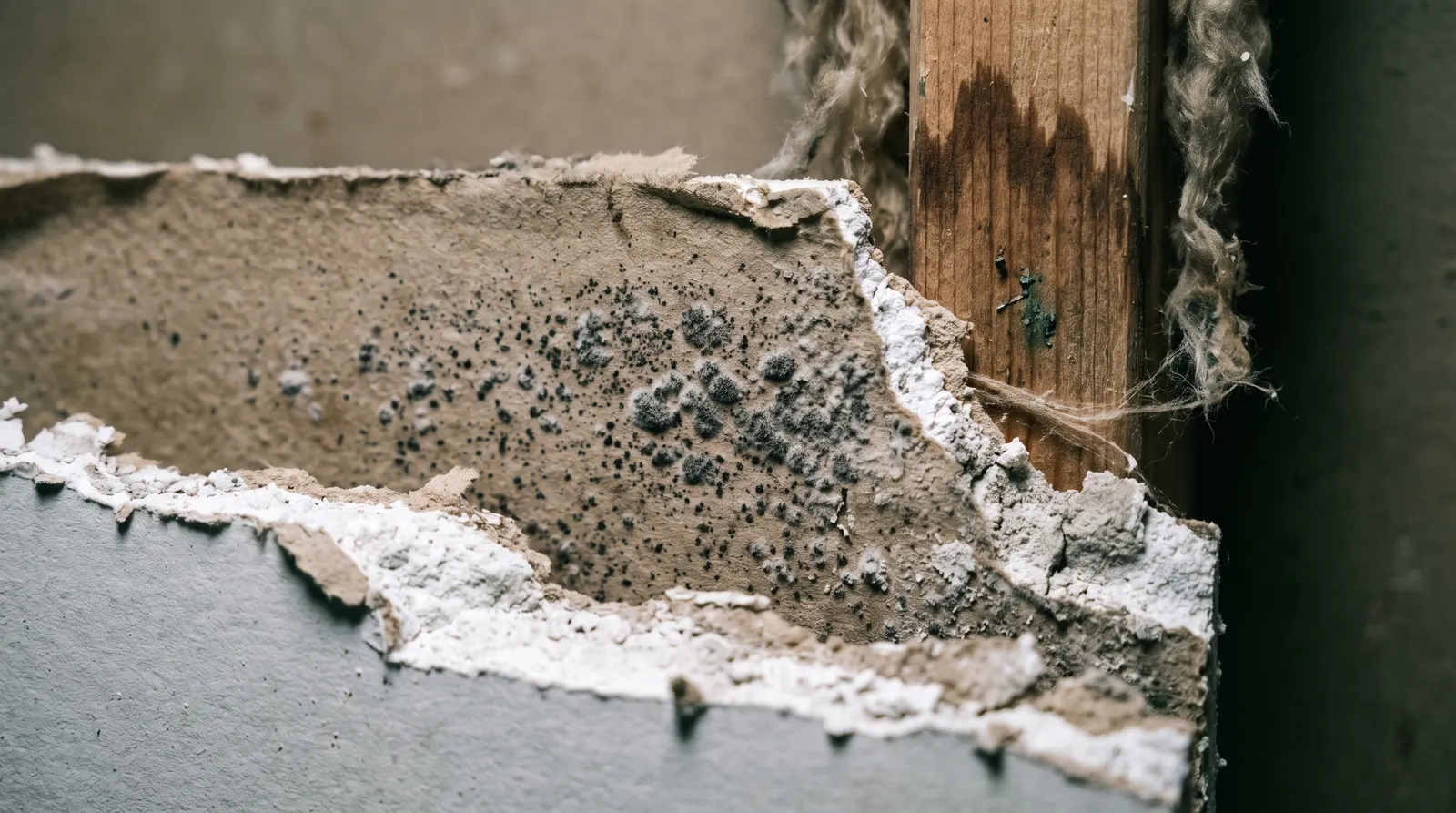 Early black mold speckling on the back of damp drywall behind a baseboard