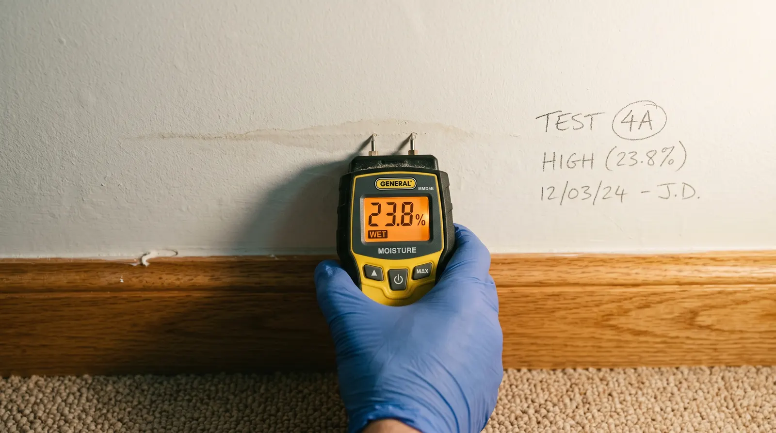 Pin-type moisture meter pressed against a damp wall showing an elevated reading