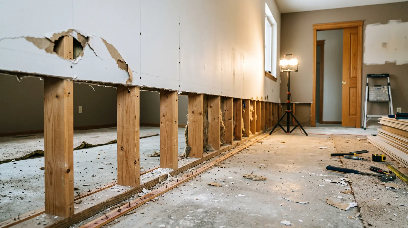 Flood-cut drywall removed to two feet with studs and insulation exposed