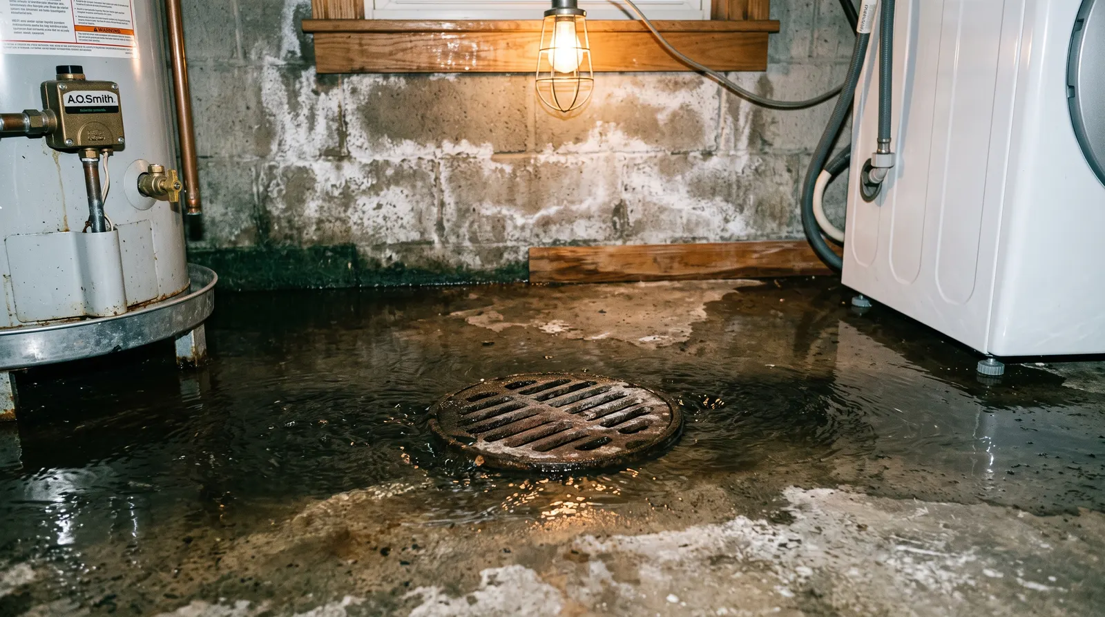 Floor drain backing up dark water across a basement utility room floor
