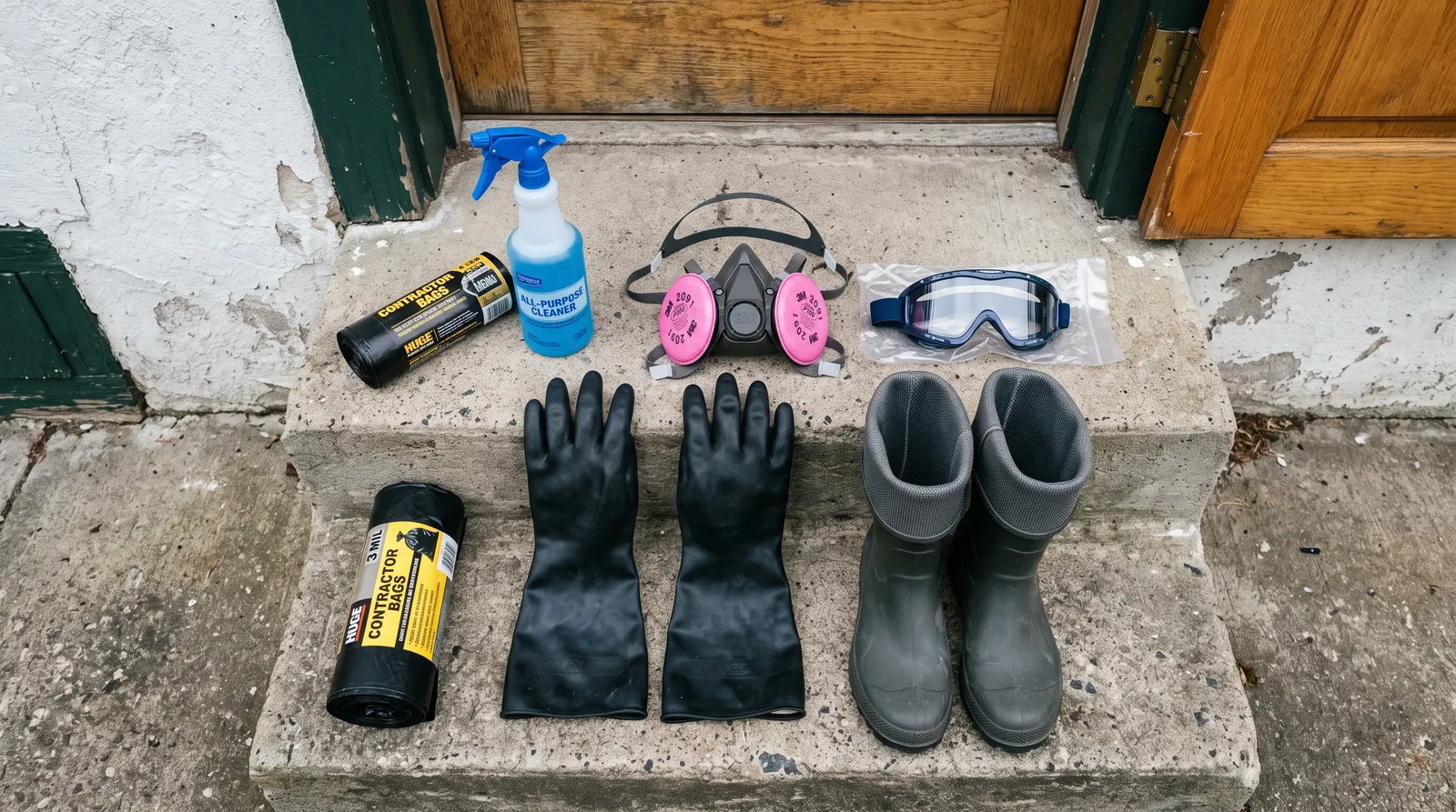 Rubber gauntlet gloves, respirator and boots laid out before a contamination cleanup