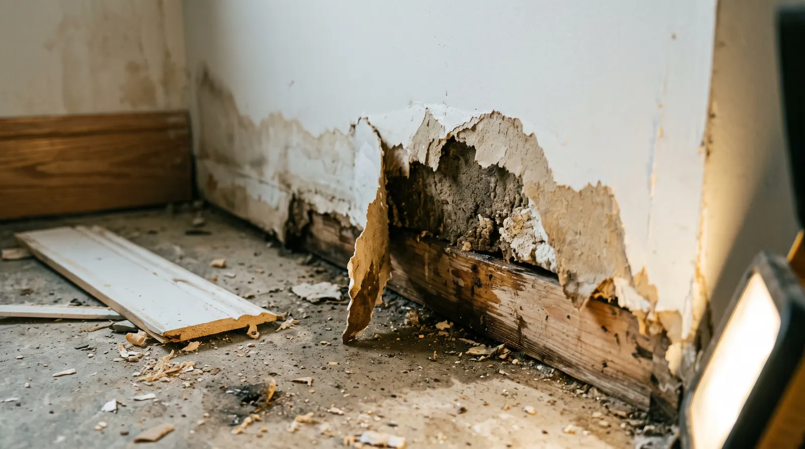 Saturated drywall crumbling at the base of a wall with the paper delaminating