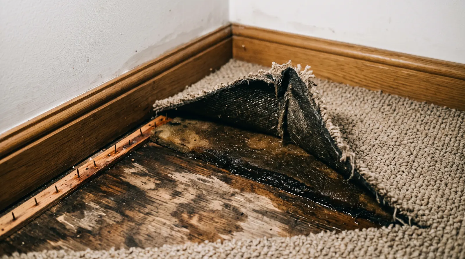Carpet pulled back from a corner showing sodden underlay and a wet subfloor